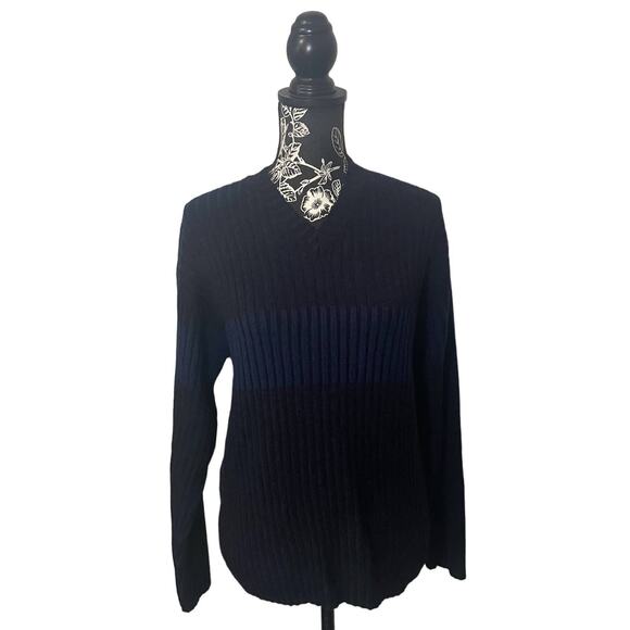 NOBA 1950 V-Neck Knit Sweater Horizontal Stripes Blue Black Italy - Size Large - Picture 3 of 9